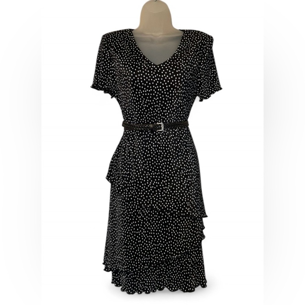 Connected Apparel Black and White Dotted Knee Length Dress